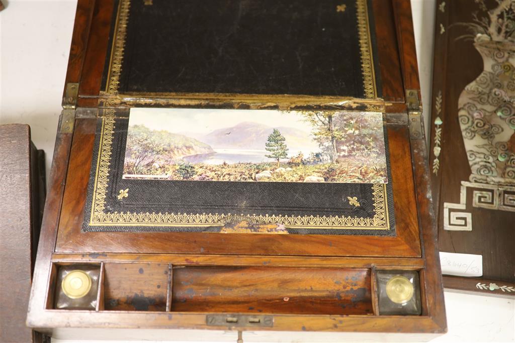 A 19th century mahogany travelling apothecary chest, a walnut writing slope and an oak document box,